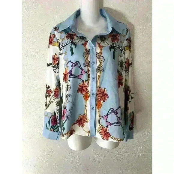 Floral And Butterfly Print Button Up Blouse Blue Sz Medium - Picture 6 of 11
